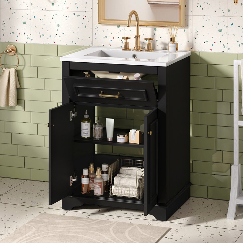 Meuble-lavabo 24 po avec lavabo en céramique intégré, armoire de salle de bain avec 2 portes, 1 tiroir basculant et meuble-lavabo simple pour salle de bain de petite et moyenne taille