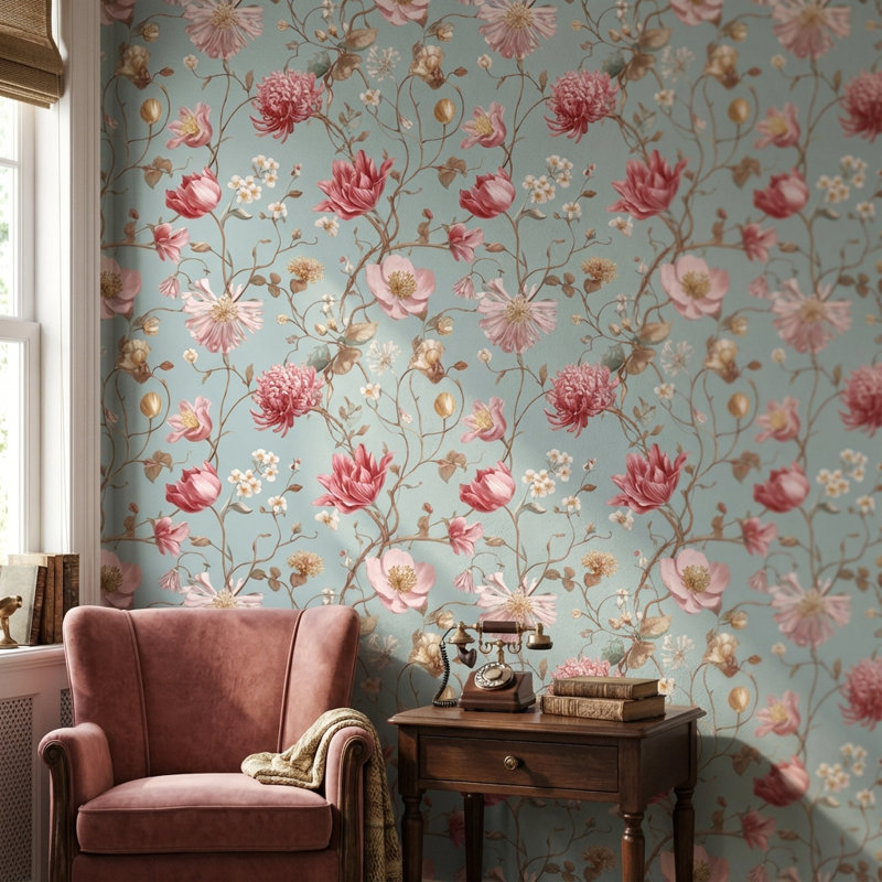 Papier peint floral, élégante murale rétro