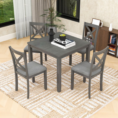 Wood 5-Piece Dining Table Set with Square Table and Four Upholstered Cross-Back Chairs for Kitchen