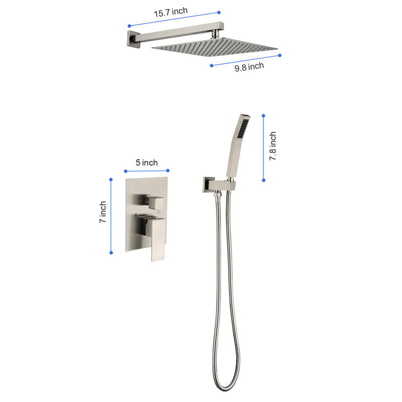 Wall Mounted Bathroom Shower 10" - Materials, Enjoy Shower, Self-Cleaning, Brushed Nickel Finish Mount Solid Brass & Stainless Steel, Relaxing Bath, Easy Install,