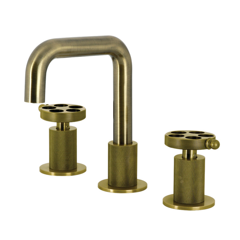 Kingston Brass Wendell Two-Handle 3-Hole Deck Mount Widespread Bathroom Faucet with Knurled Handle and Push Pop-Up Drain