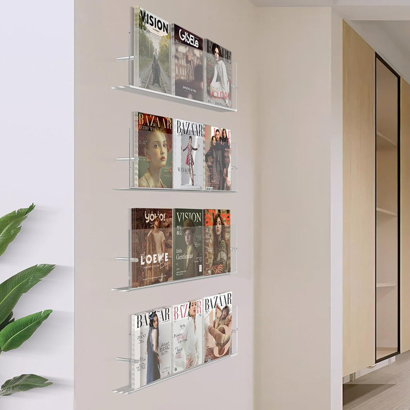 2 Pack Acrylic Magazine Holder Rack Brochure Holder Wall Mount 24 Inch Clear Hanging Magazine Rack Floating Bookshelf For Literature Pamphlet Organizer For Room Office, With Mounting Kit