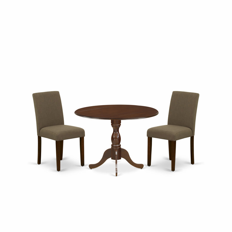 L'ensemble de table de salle à manger 3 pièces contient une table de salle à manger ronde avec Dropleaf et 2 chaises Parson rembourrées en tissu de lin, acajou