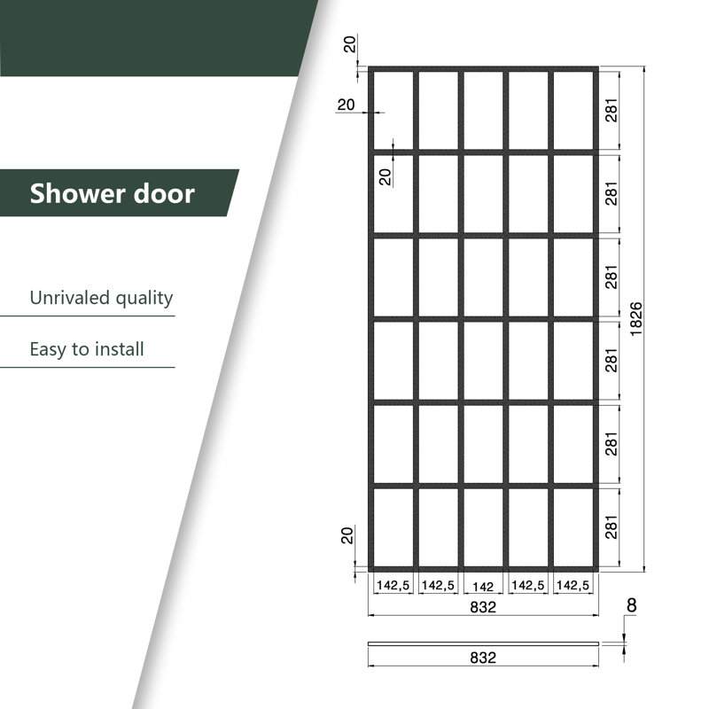 34" W x 72" H Rectangle Frameless Shower Door with Fixed Panel