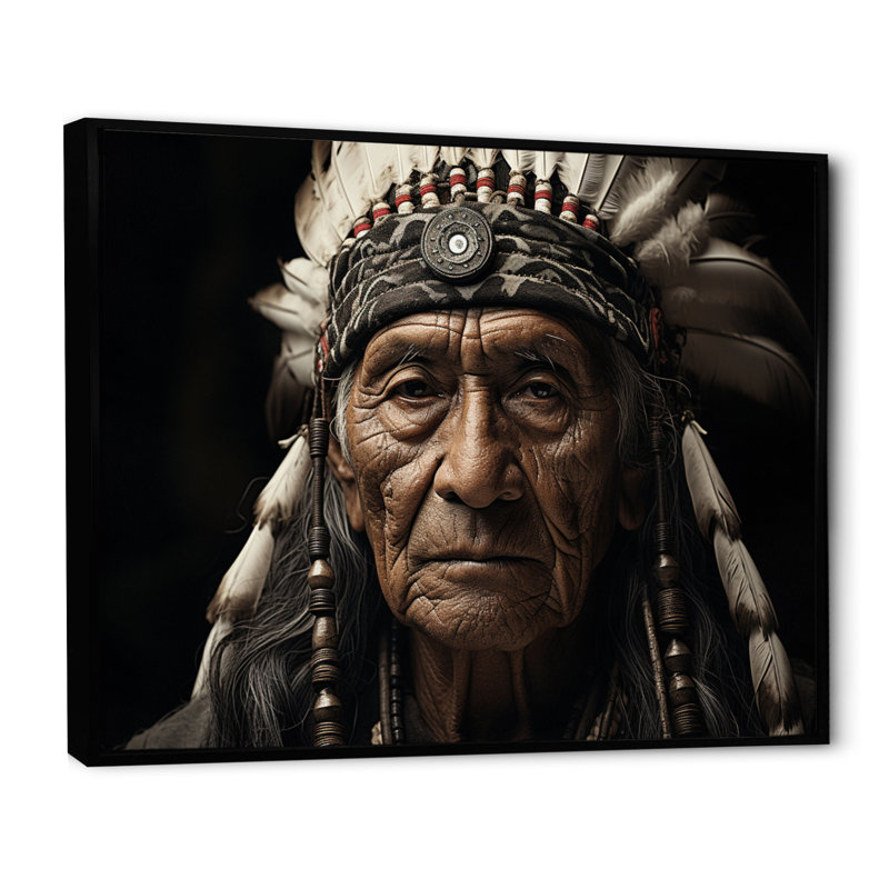 " Native Art Wisdom Of Ancestors Portrait ", H 34 po x l 44 po x P 1,5 po, Cadre flottant noir