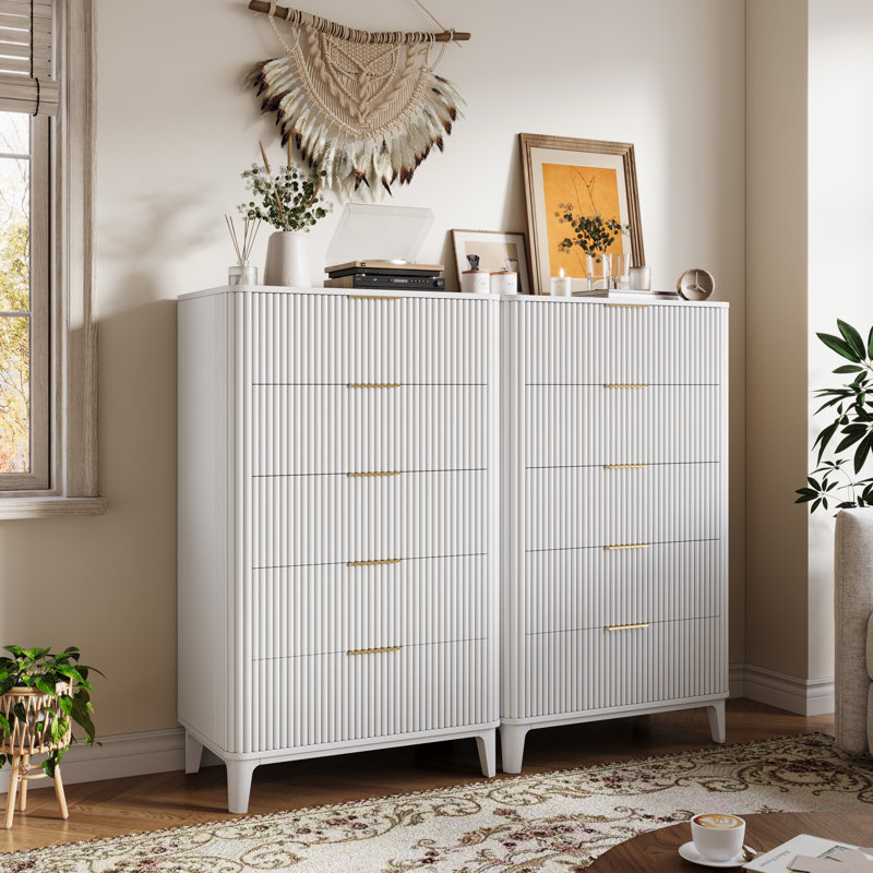 Fluted Dresser For Bedroom With Drawers Set Of 2, White