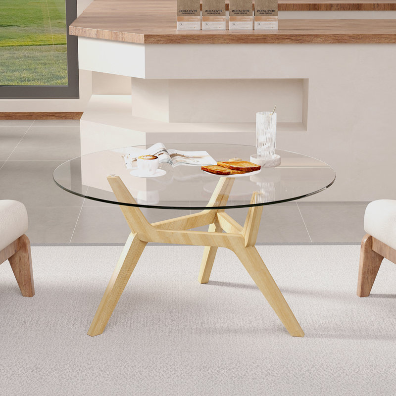 Round Coffee Table with Solid Wood Legs, Minimalist Tempered Glass Table, Clear Top/Oak Base