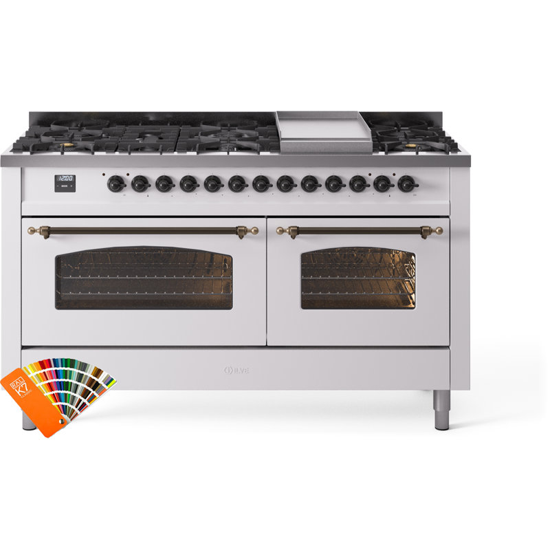ILVE Nostalgie II 60 Dual Fuel Range, 9 Burners, Griddle, RAL Color/Bronze, Natural Gas