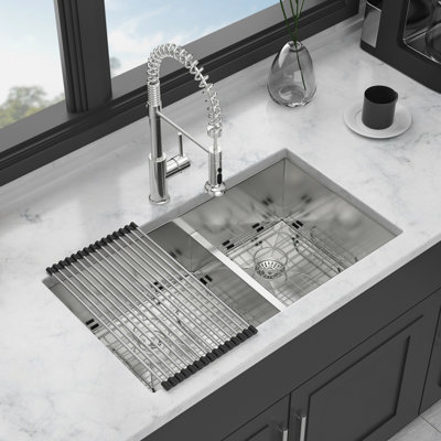 33 - Inch 60/40 Undermount Double Bowl Kitchen Sink In Brushed Nickel, 16 Gauge Stainless Steel Structure, 10" Deep Basins, Rear 3.5 Drain For Garbage Disposal Units, X Grooves Smooth Water Drainage,