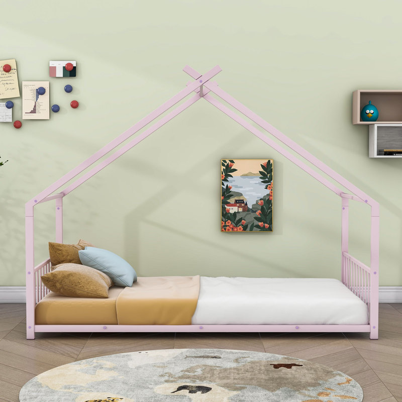 Metal House Bed, Twin, Pink