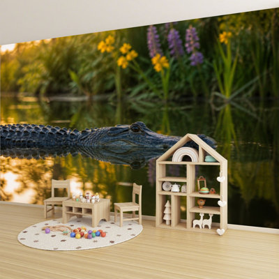 American Alligator Swimming Everglades Wall Mural Peel and Stick Wallpaper Modern Self Adhesive Wall Decor for Bedroom Living Room 69" L x 96" W