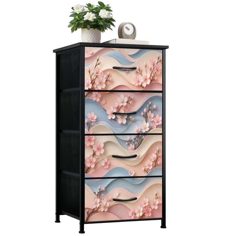 Commode à 4 tiroirs avec rangement vertical en cerisier rose pastel et vagues bleues avec plateau en bois