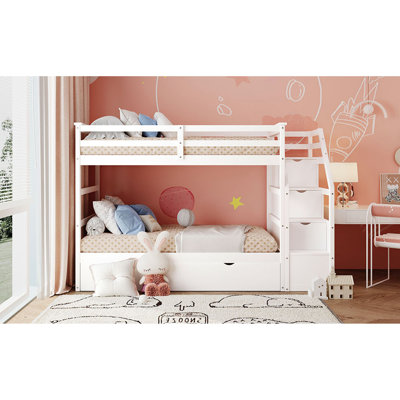 Twin-Over-Twin Bunk Bed With Twin Size Trundle And 3 Storage Stairs,White