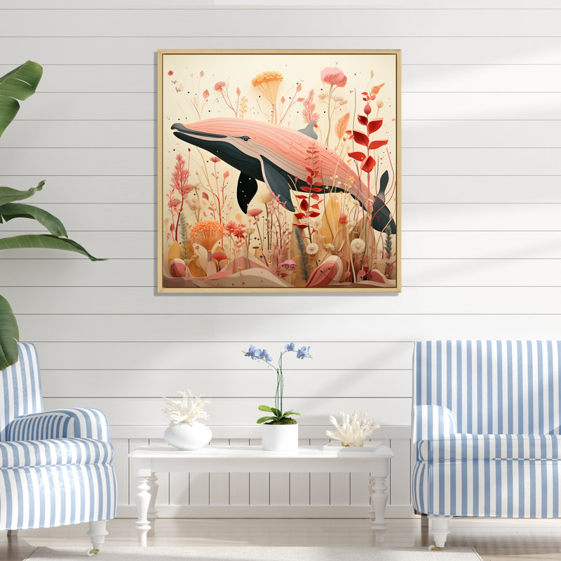 Décoration florale rétro baleine II - baleine, art mural, Cadre flottant brun, H 36 po x l 36 po x P 1,5 po