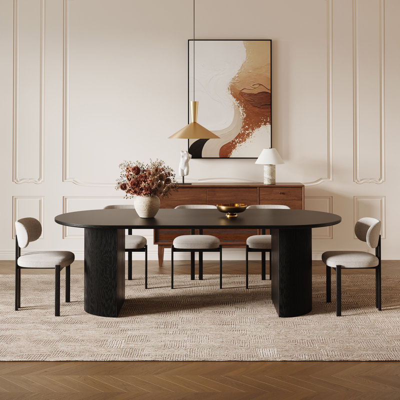 Iris Sintered Stone 78.7'' Solid Wood Pedestal Oval Dining Table Seat 6-8, Matte Pure Black/Black, Oval