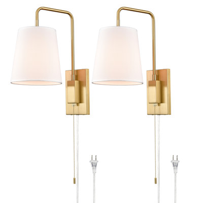 Gold Fabric Shade Wall Sconce Bedroom Plug-in Wall Lamp Set Of 2