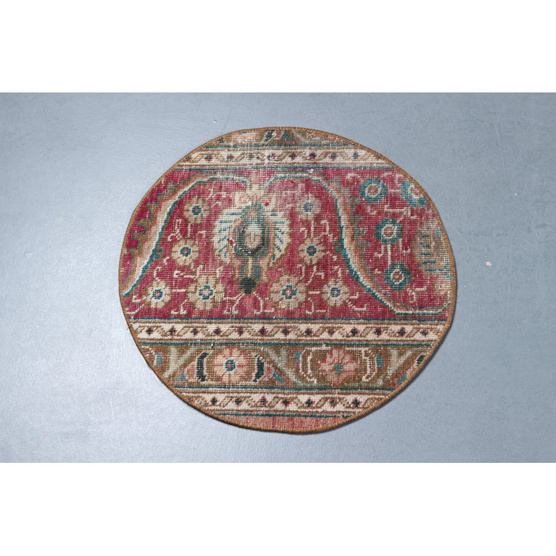 Tapis de porte rond turc avec un motif rétro rouge et beige avec des motifs floraux pour une décoration intérieure élégante