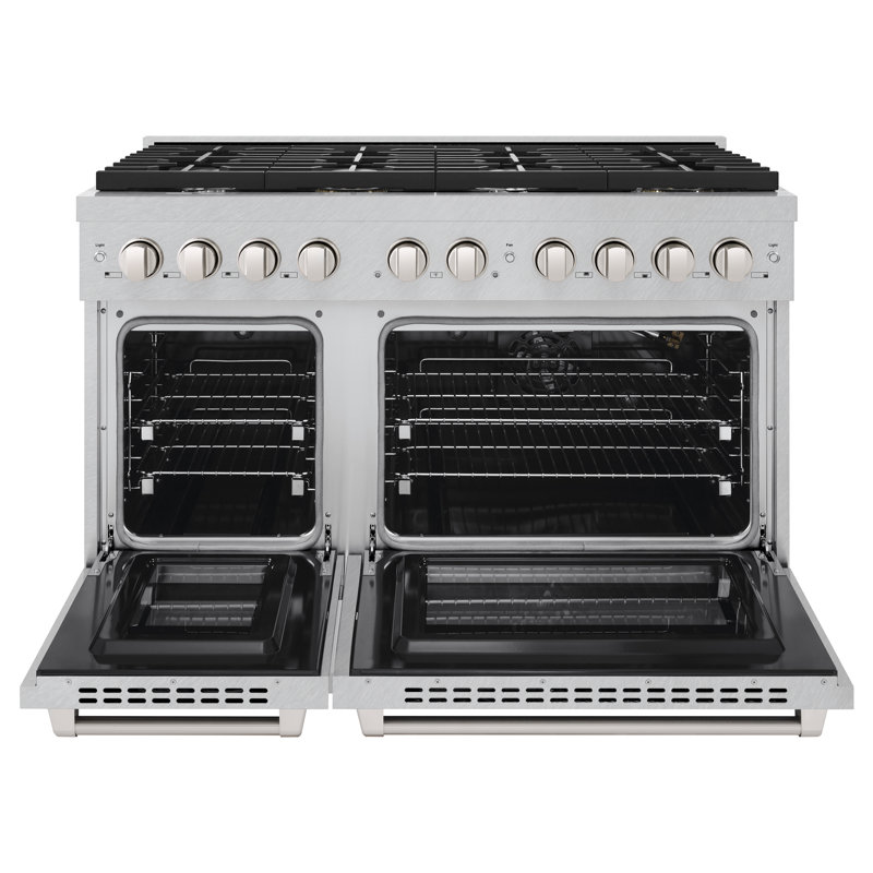 ZLINE 48 in. 6.7 cu. ft. Paramount Double Oven Gas Range with 8 Burner Cooktop in Satin Stainless Steel, Stainless Steel