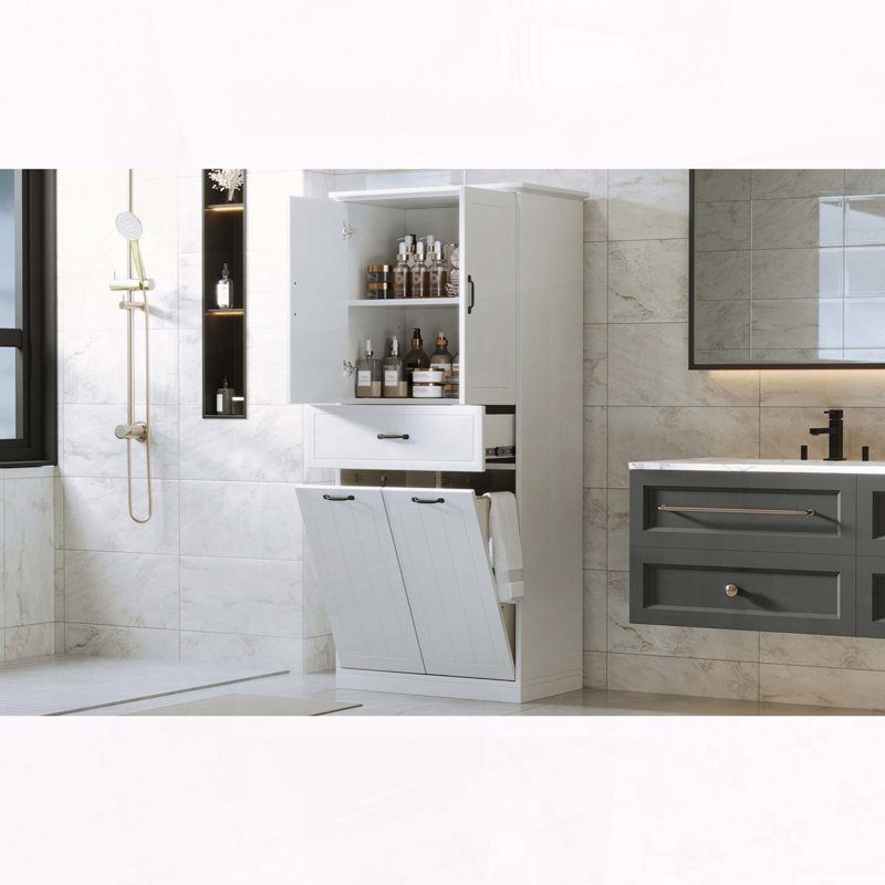 Tall Storage Cabinet with Two Laundry Baskets and Drawer - White, White