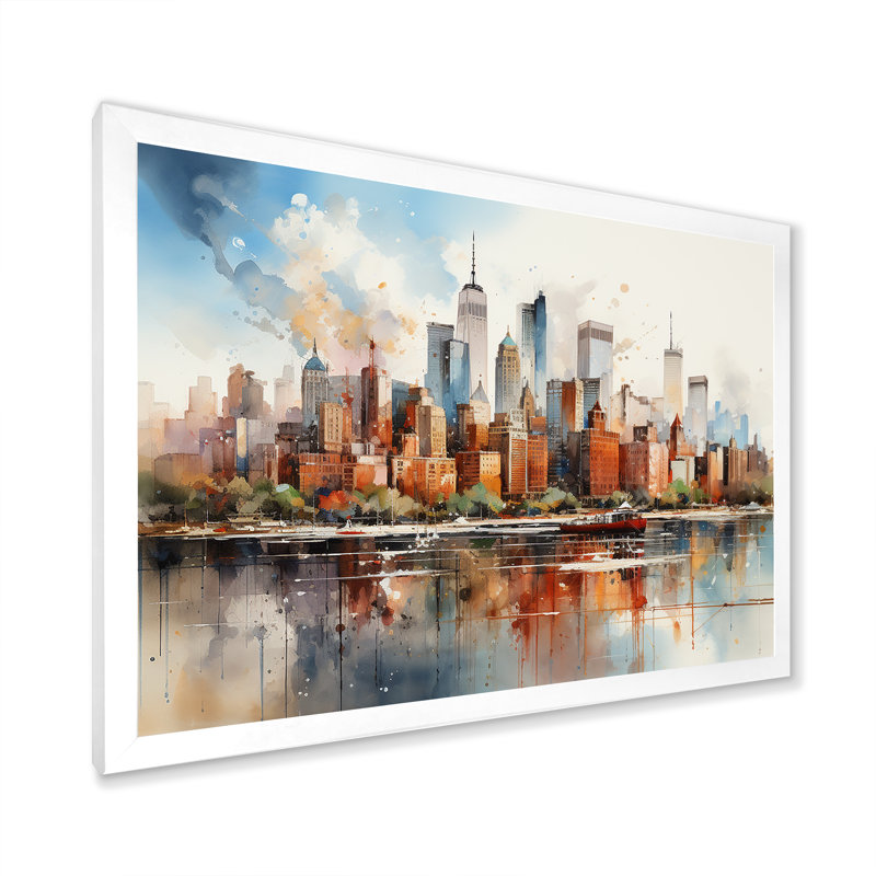 Dreamy New York, paysage rétro, aquarelle - décoration murale New York, H 16 po x l 32 po x P 1 po, Cadre simple blanc