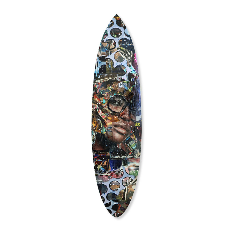 Oliver Gal Katy Hirschfeld - Galaxy Girl Surfboard Fashion - Die-Cut Acrylic Glass Wall Art Sculpture