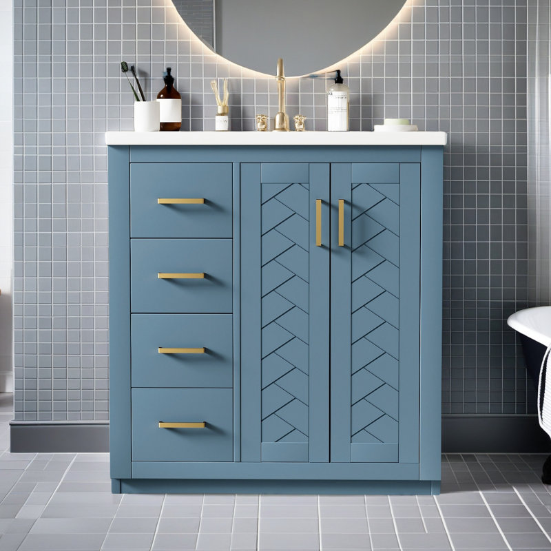 30'' Bathroom Vanity With Ceramic Sink Combo,Solid Wood Frame Bathroom Storage Cabinet, Freestanding Vanity Set With 3 Drawers& Soft Closing Doors
