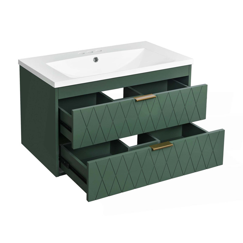 Meuble-lavabo mural 30 po avec lavabo en résine, armoire de rangement flottante avec 2 tiroirs, armoire de salle de bain en bois massif