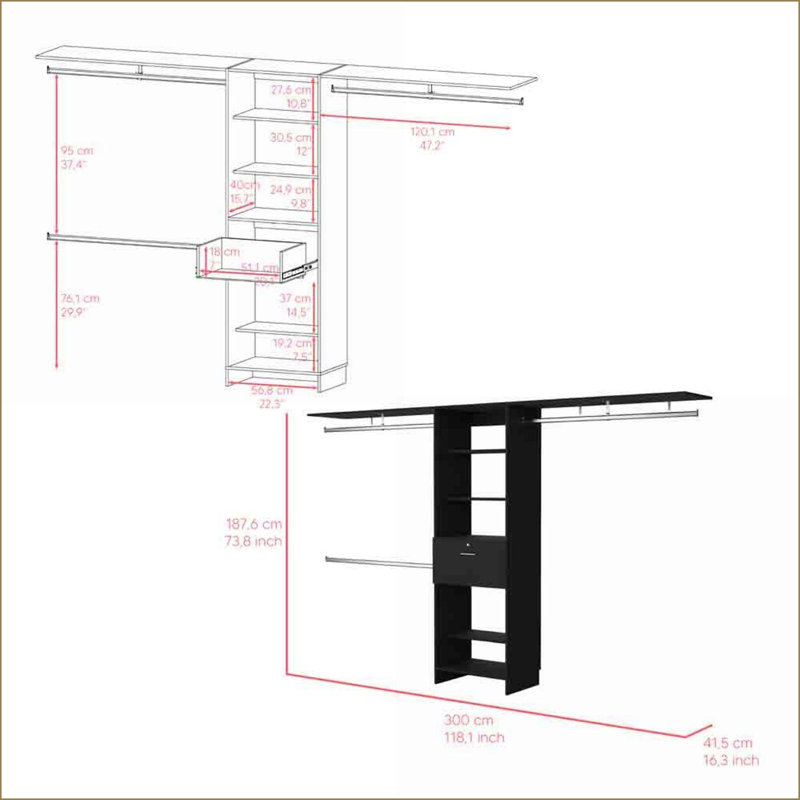 Organisateur de chambre à coucher l 118 po Closet Systems | Noir | Panneau de particules