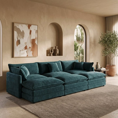 Oversized Modular U-Shaped Sectional Sofa with 3 Ottomans and Plush Cushions, Dark Blue