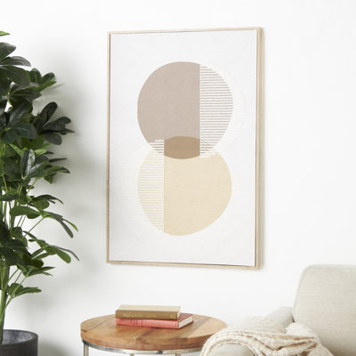 Wooden Overlapping Circle Geometric Living Room Framed Wall Art with White Fabric Detailing