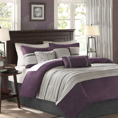 Grand édredon en faux suède mauve 7 pièces, doux au toucher, ornements décoratifs, 7 pièces lavables à la machine pour le confort du lit, coussins brodés,