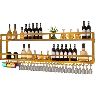 Support à vin flottant mural à 2 niveaux avec lumière DEL, tablette de présentation de boissons alcoolisées dorées avec support en verre, tablettes de bar modernes pour bar à domicile