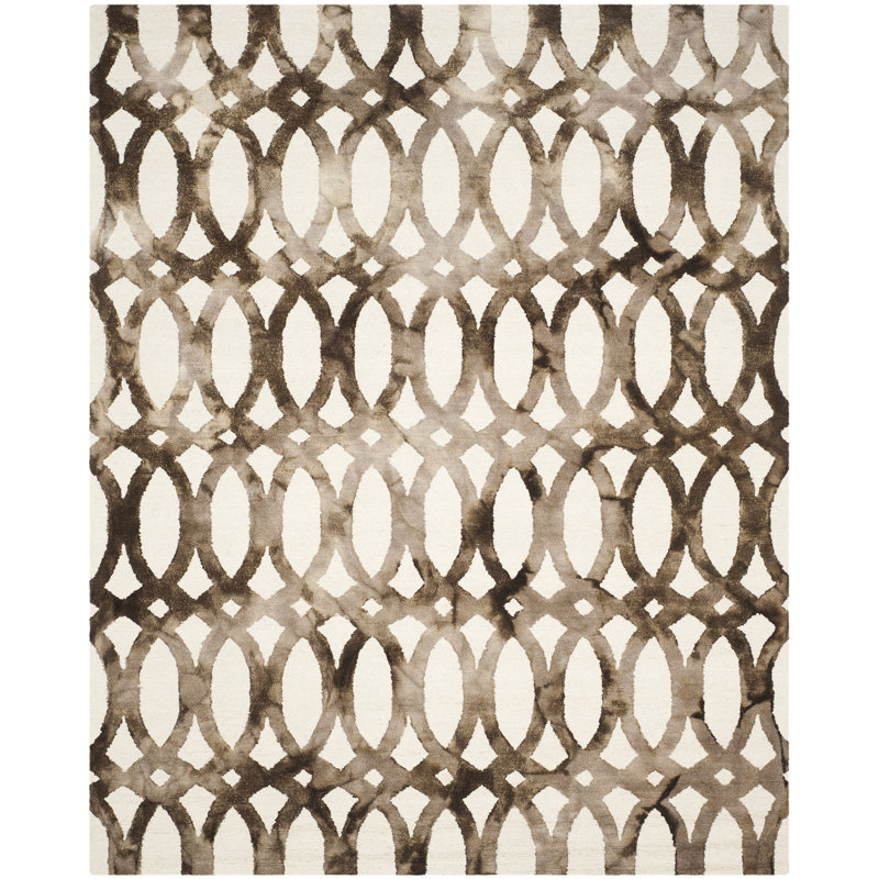 Amekia Hand Tufted Wool/Cotton Geometric Rug in Chocolate/Ivory, Rectangle 8' x 10'