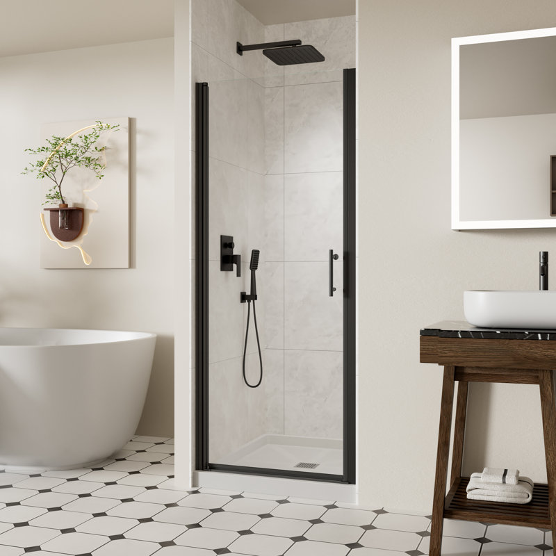 28-29.4" W x 72" H Frameless Shower Door, Pivot Shower Glass Doors with 1/4" (6mm) Clear SGCC Tempered Glass, Matte Black Swing Shower door out of Plumb Adjustability