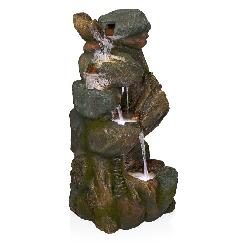 Cascading Rock and Tree Trunk Fountain with LED Lights
