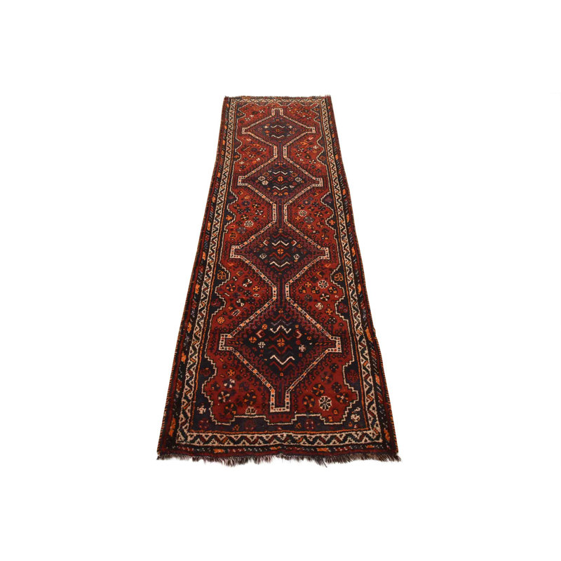 Tapis rouge rétro en laine noué à la main 3 pi 4 po x 9 pi 7 po Tribal Vintage
