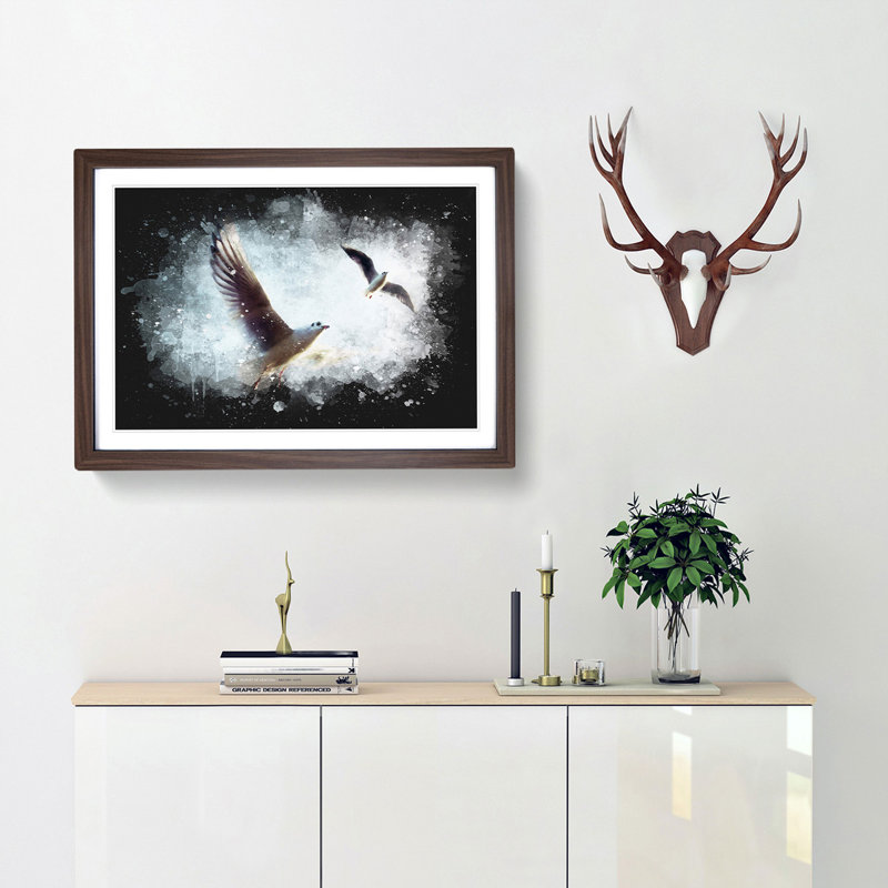 Pair of Flying Seagulls - Picture Frame Graphic Art Print, Walnut Framed, 45cm H x 63cm W x 2cm D