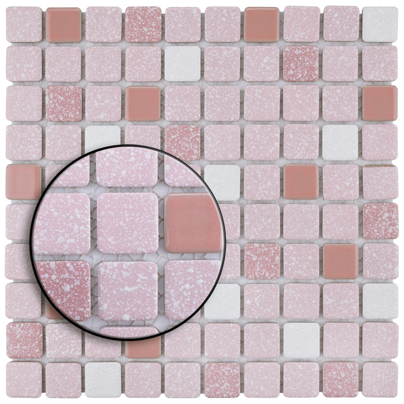Crystalline Square 1.1" x 1.1" Porcelain Grid Mosaic Wall & Floor Tile, Pink/White