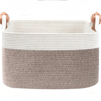 65L Laundry Basket with Handles, Woven Blanket Basket, White/Brown | Collapsible Cotton Rope Storage Basket