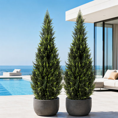 5FTArtificial Cypress Cedar Fake Tree, Dense Foliage Artificial Trees for Indoors, Conical Green Artificial Shrubs for Indoors Home Entryway Table Decor(Pack of 2)