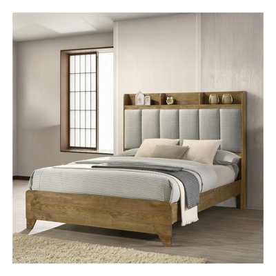 Transitional King Size Bed Frame with Upholstered Headboard and USB Ports