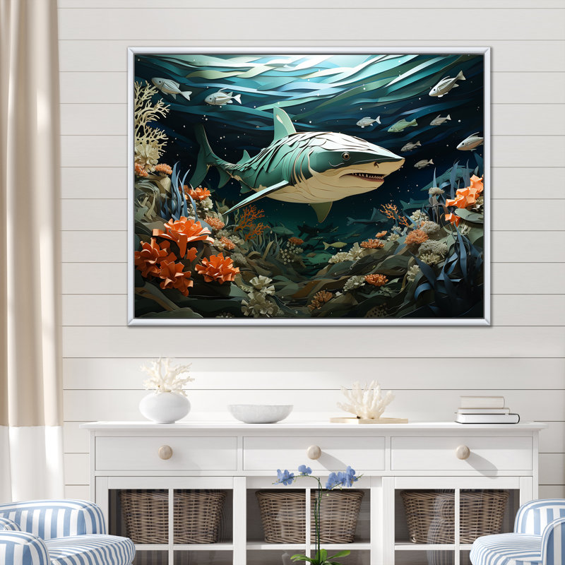 " Coral And Sharks Collage Symetry II ", 30" H x 40" W x 1.5" D, White Floater Framed