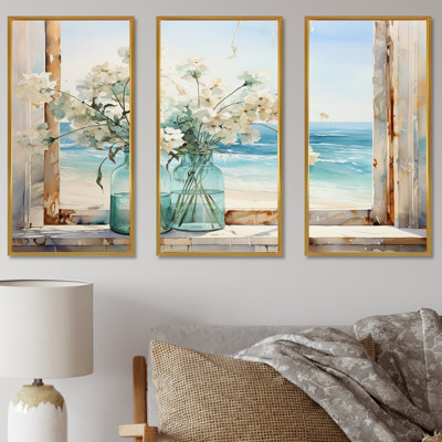 «Blue Window Beachfront View Blooms I» - art mural fenêtres côtières