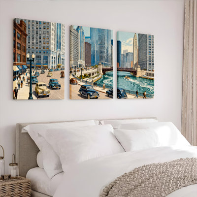 «Chicago Cityscape Vintage Cars and River View», reproduction d'art sur toile tendue sur toile, ensemble de 3