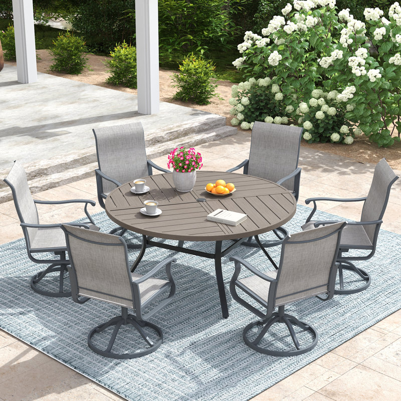 6-Person Round Patio Dining Set With  360° Swivel PVC-Coated Polyester Chairs, Brush Wood Gray/Gray/Gray