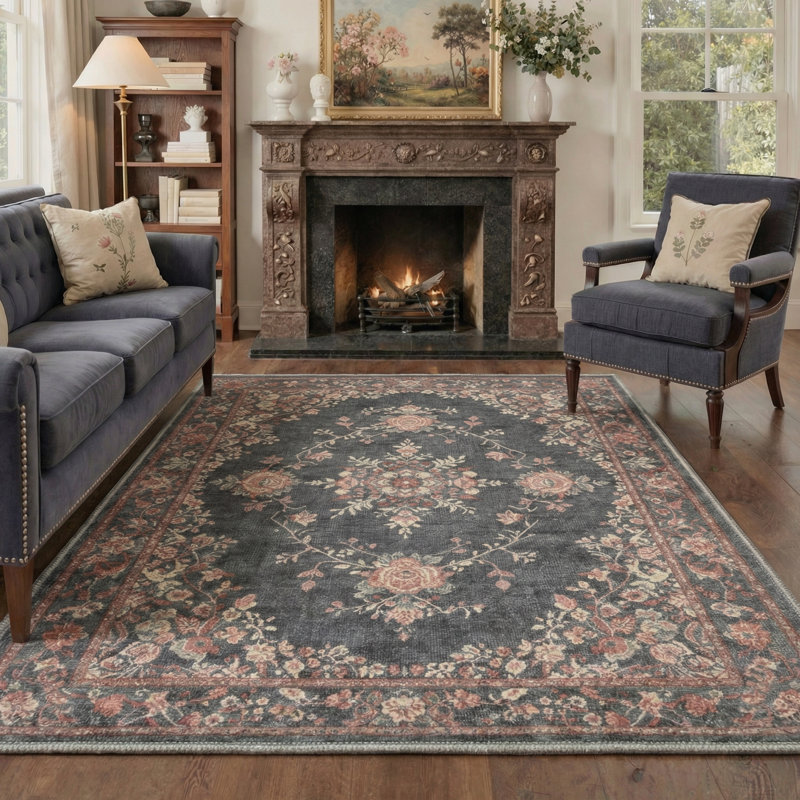 Airville Vintage Floral Machine Washable Black / Pink Indoor Area Rug with Non-Slip Backing, Rectangle 8' x 10'