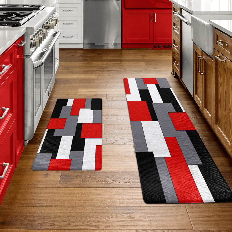 Anti Fatigue Kitchen Rugs Set of 2, Red/Black/Gray