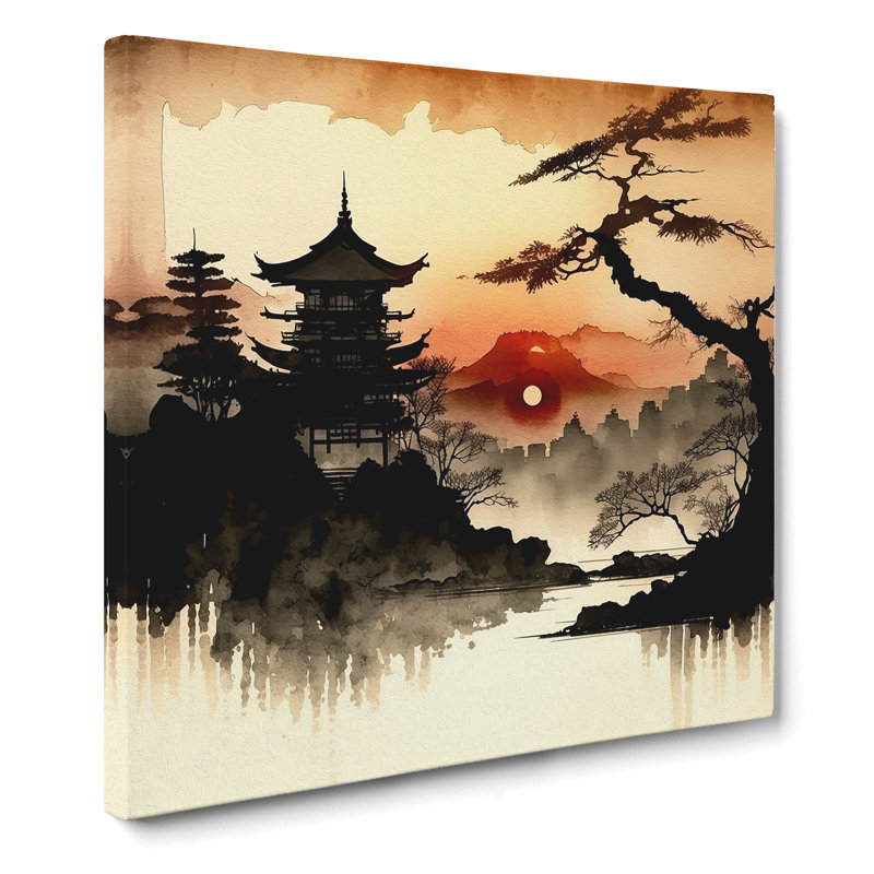 Japanese Sunset Ink Wash - Wrapped Canvas, 35cm H x 35cm W x 3cm D