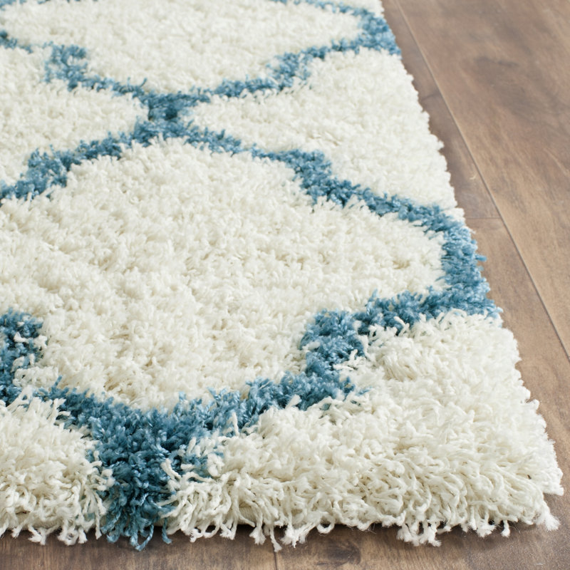 Tapis ivoire / bleu sarcelle à motif géométrique Alvarez, Rond 6 pi 7 po