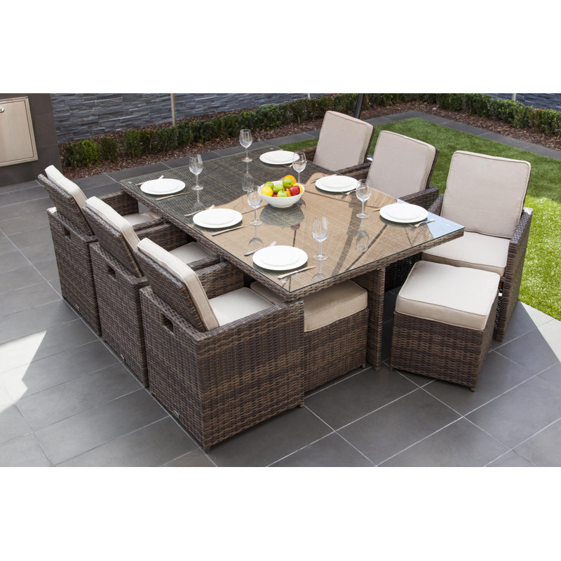 Ivanna 10 - Person Wicker Patio Dining Set with Rectangular Table , Cushions Included